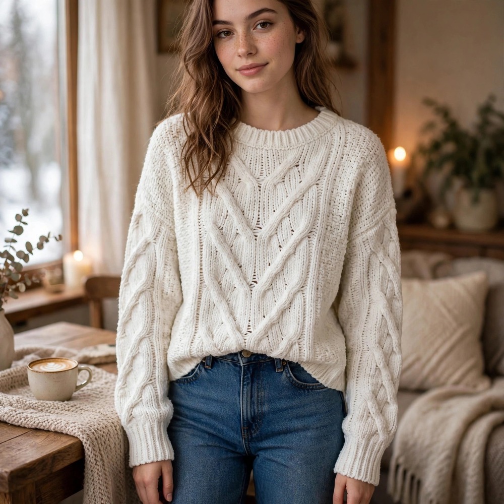 Aeropostale White Cable Knit Sweater Pullover Crew Neck Women's Size M